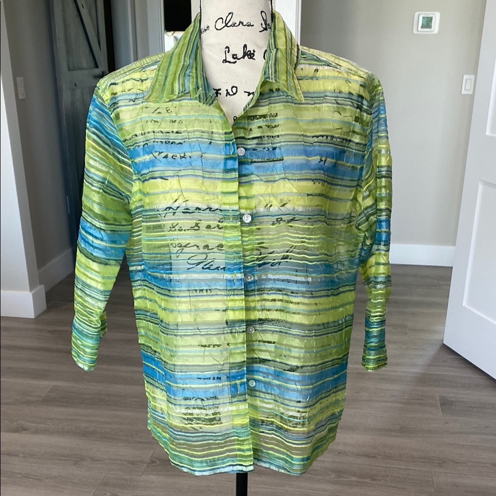Striped Green and Blue Button-Up Shirt
